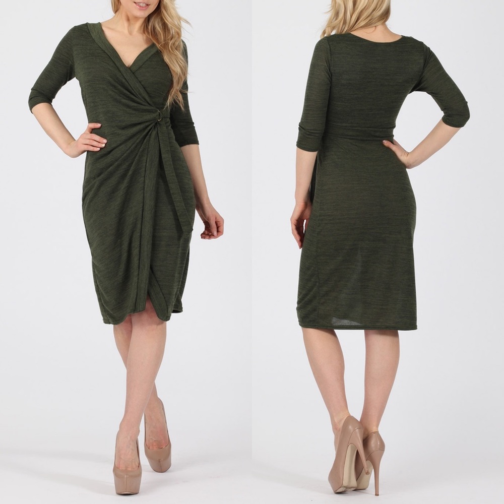 Last one Olive Green Bodycon Knit Wrap Sweater Dress - Picture 15 of 16